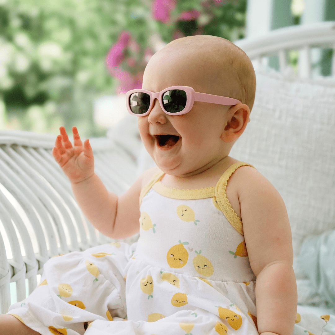 BukiBaby Hype-Shades polarised baby sunglasses with head strap in pink, newborn to 2 years