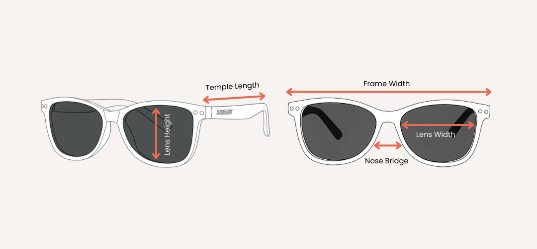 Diagram showing measurements of baby sunglasses on a white background