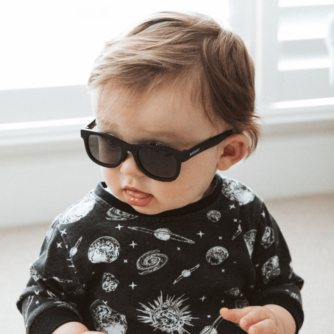 BukiBaby B-Shades polarised baby sunglasses with head strap in Matte Black, newborn to 2 years